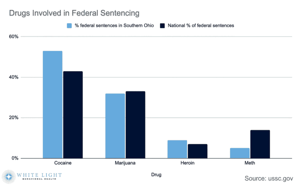 Ohio Drug-Related Crime Statistics 3 A bar graph depicting the kinds of drugs involved in federal sentencing with cocaine being the highest